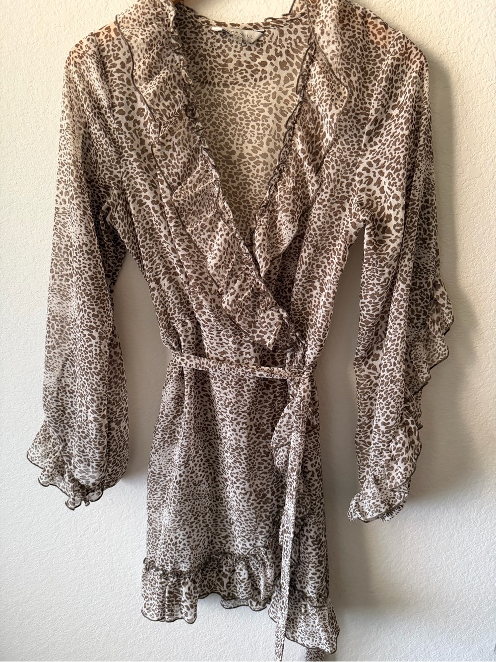 Ranna Gill Leopard Print Wrap Dress Ruffle Long Sleeve Mini Dress Size Small